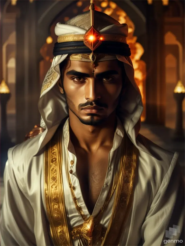 Young Arab spellcaster standing in front of a towering waterfall of red crystals, illuminated by a moonlit sky