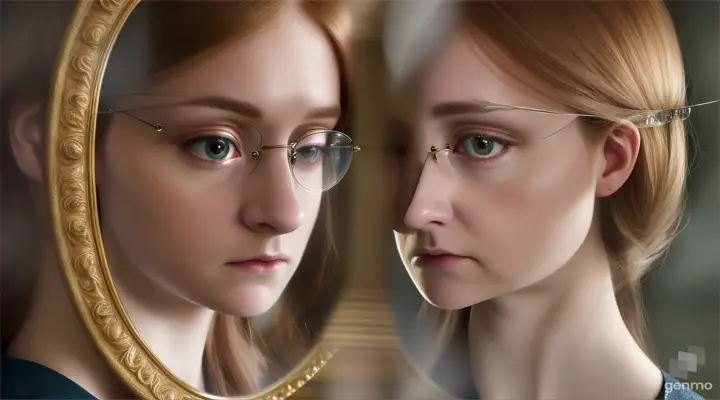 Catherine is seen contemplating her reflection in the mirror with concern.like hogwarts legacy, as harry potter