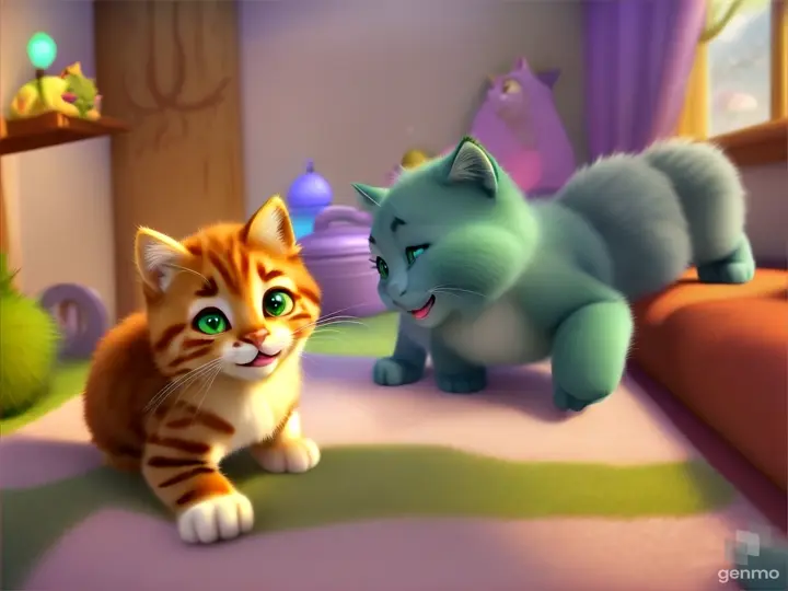 TWO ANIMATED KITTENS ARE PLAYING IN A ROOM