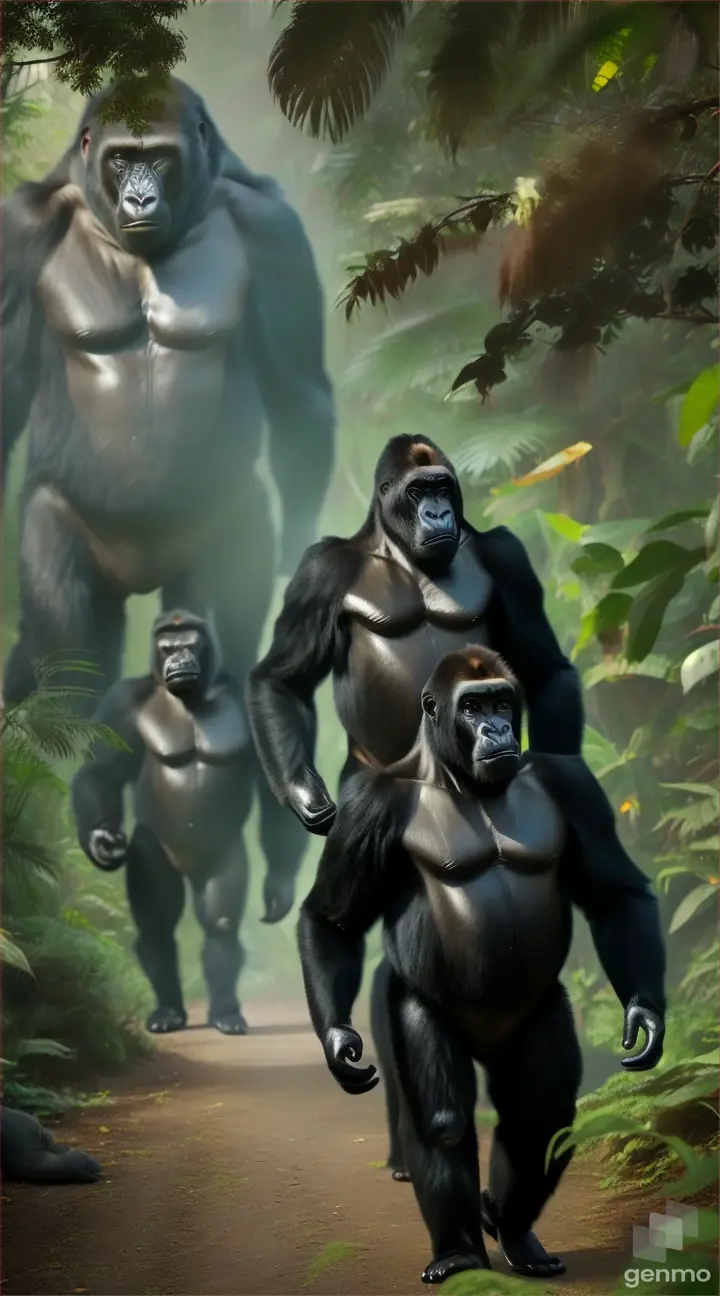 a man in a gorilla suit walking with two gorillas