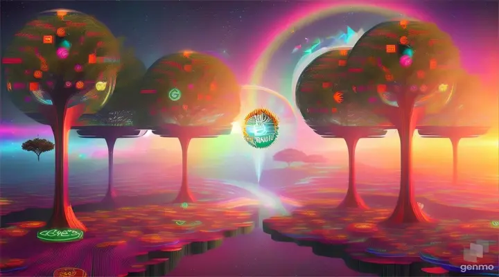 A digital garden where cryptocurrency symbols grow on trees reaching towards the sun