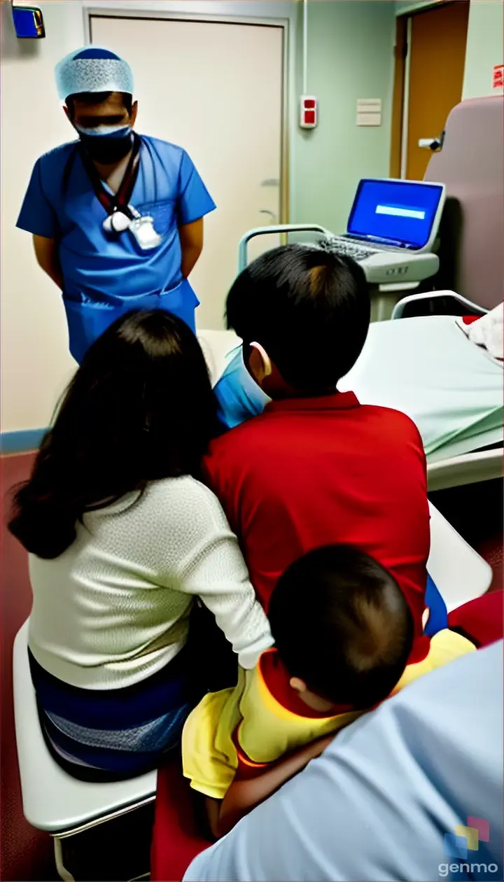 A family waits anxiously in the hospital, a father and children hoping the surgery is successful and their loved one recovers.