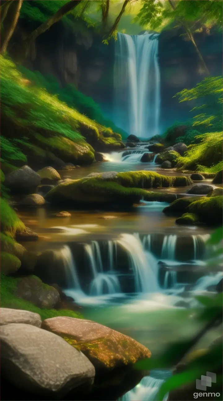 A beautiful waterfall is flowing and a beautiful ret bird and white bird is standing on a beautiful tree branch

