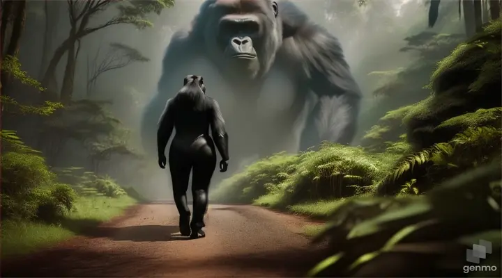 a woman is walking in front of a gorilla