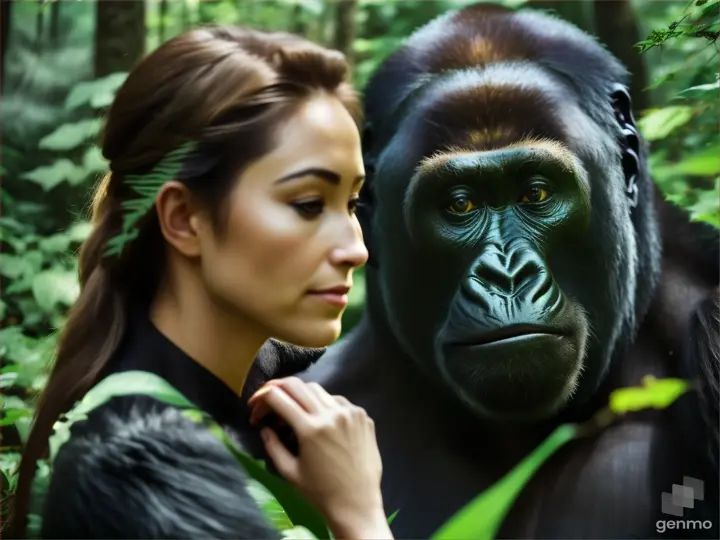 a woman walking with a gorilla in a forest