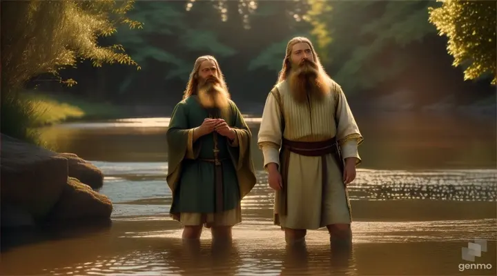 Create a high-quality cinematic scene of John the Baptist wearing the clothes of his time explaining: 
I baptize you with water for repentance.