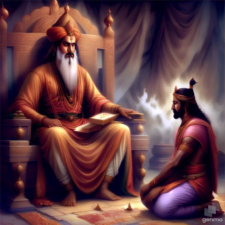a painting of a man sitting on a throne next to a man. His name is  Dhritarashtra and he said, "What did my people and the sons of Pandu do when they had assembled together, eager for battle, on the holy plain of Kurukshetra, O Sanjaya?"