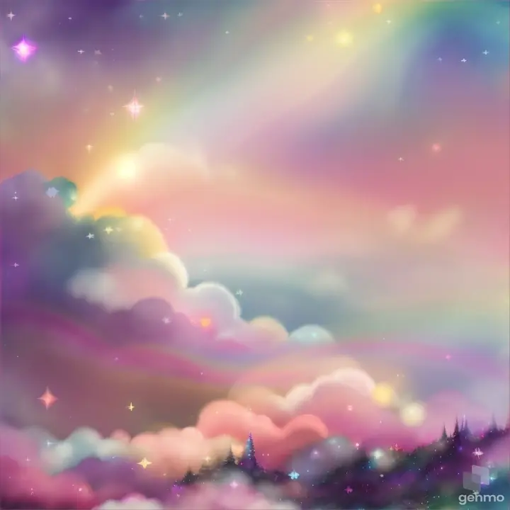 Cute pastel rainbow background with clouds and stars, soft sky with a dreamy rainbow fantasy background