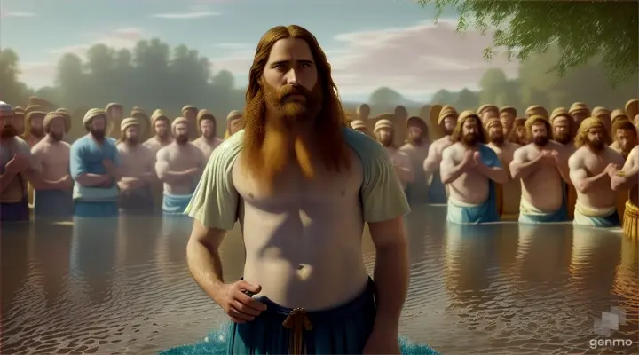 Create a high-quality cinematic scene of John the Baptist wearing the clothes of his time explaining: 
I baptize you with water for repentance.