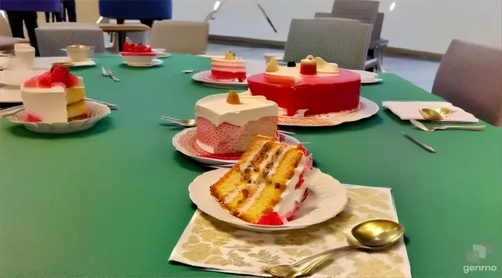 a table topped with plates of cake and cups