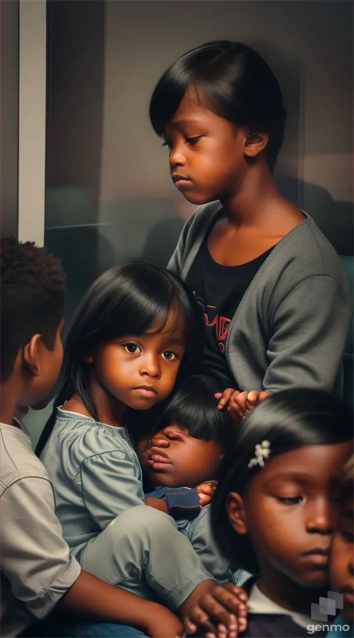 A family consisting of a father, older sister and two younger brothers is sitting in a chair in the operating waiting room feeling sad & regretful