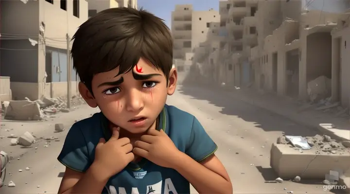 In the animated scene, a child from Gaza is depicted in despair, tears streaming down his face as he grapples with the harsh realities of life in his homeland. The backdrop may include rubble-strewn streets, echoing the devastation of conflict, while the child's expression conveys a profound sense of hopelessness and anguish. The animation captures the raw emotions of a young life shaped by adversity, highlighting the resilience and struggle of those living in Gaza