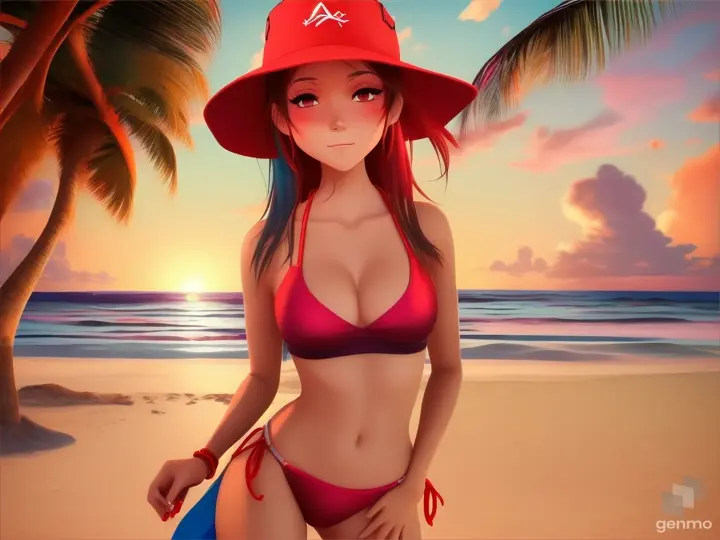 crea a un chica de anime con un bikini rojo con rayas rojas, gorra bailando twerking 