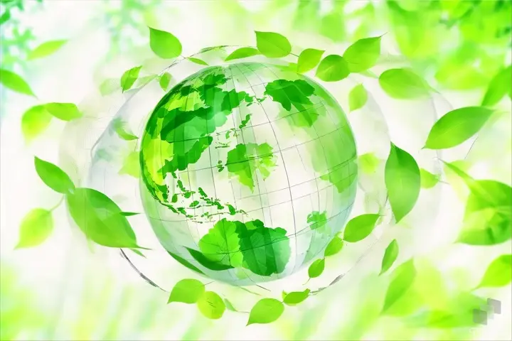 a green globe with leaves floating around it