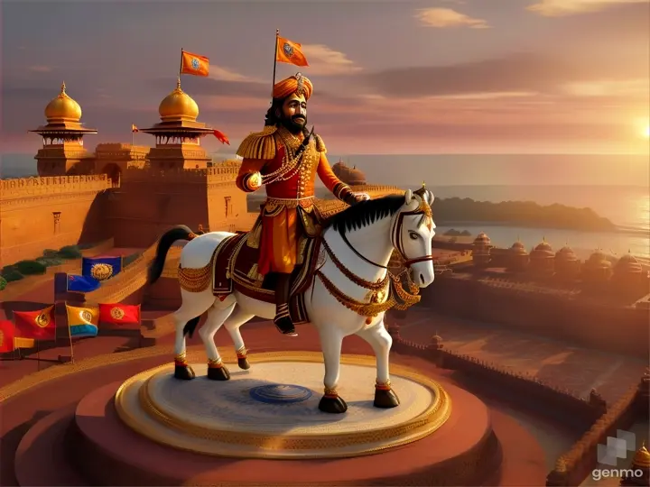 Chhatrapati Shivaji Maharaj standing in front of a majestic fort, with soldiers and flags in the background
