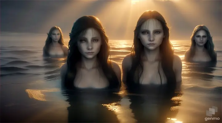 “In the dim light of dawn, the Blank Headed mermaid's sisters emerge from the water, their once-flowing locks now shorn, sacrificed to the witch in a desperate attempt to save their beloved sibling., Hyperreal, Photorealistic, Hyper detailed, cinematic, 16:9,Ultra 8K,Hyper detailed, Hyperreal, Hyper realistic, ar 16:9”