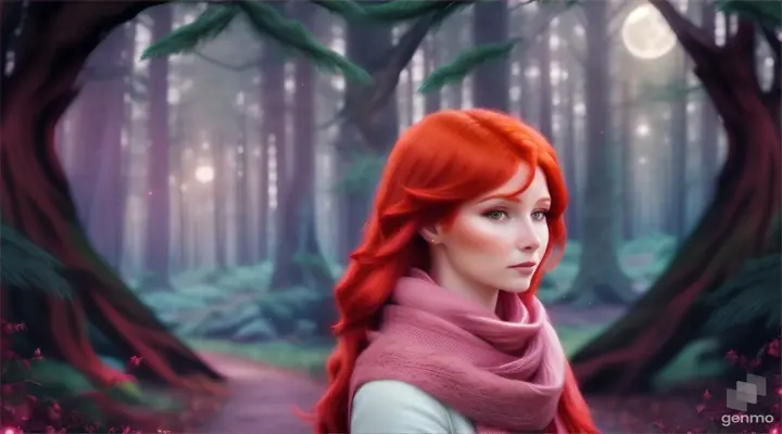 a woman with red hair wearing a pink scarf,in forest in night,static stay, 2 ginger foxes in back,full moonlight