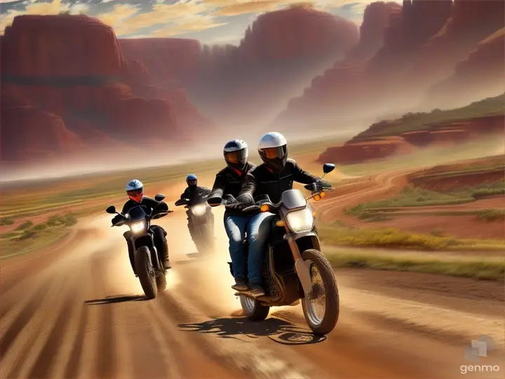 a painting of two people riding motorcycles down a dirt road