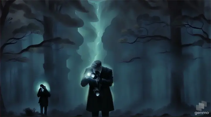 a man holding a flashlight in a dark forest and running towards camera