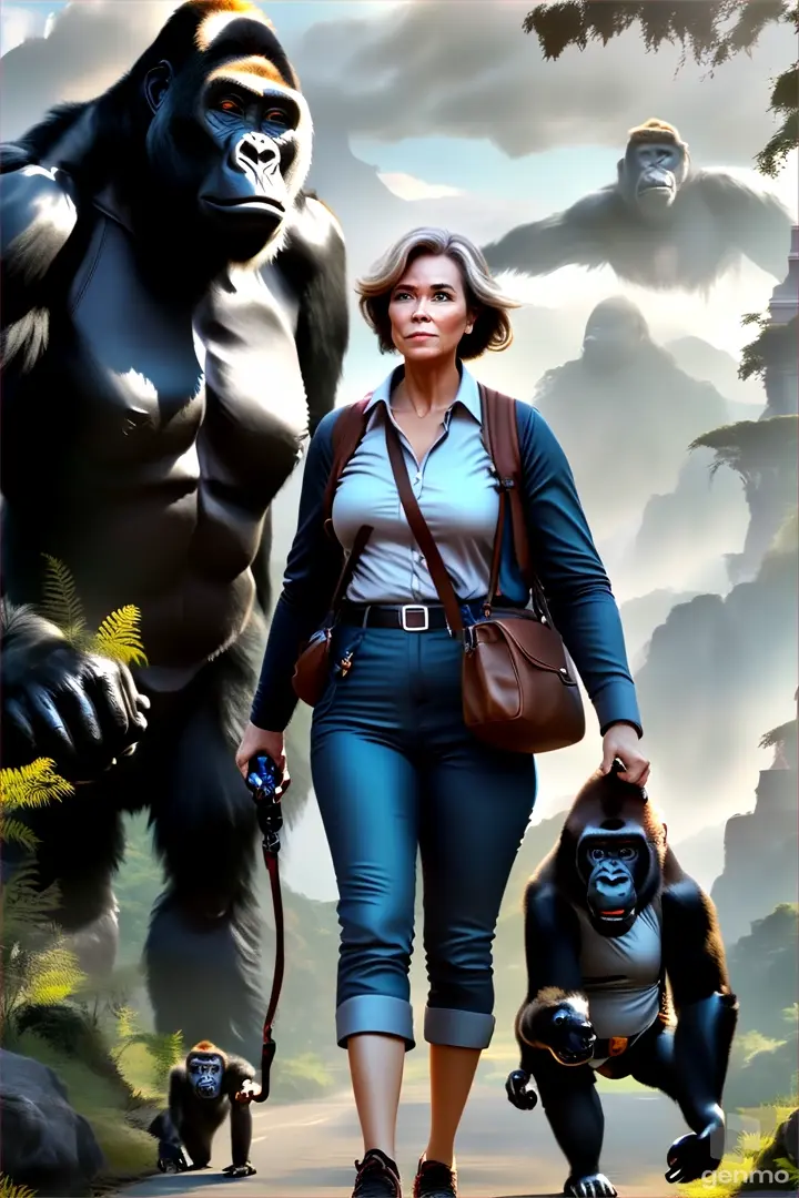 a woman is walking with a gorilla in front of her