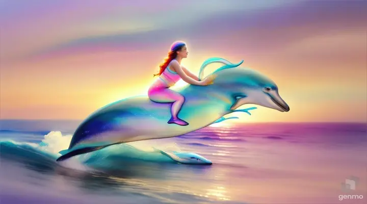 A mermaid riding a jumping dolphin under a luminescent sky, in the style of a dreamy watercolor painting