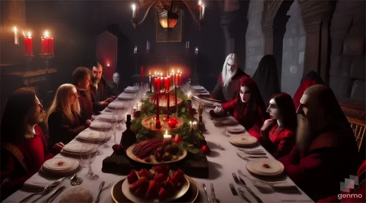 Vlad(a Dracula with red eyes)and the villagers cooking with the exotic fruits.