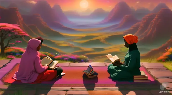 2 african dark skinned hijabis reading books in a fantastical dream-like landscape, ghibli, anime, landscape video size