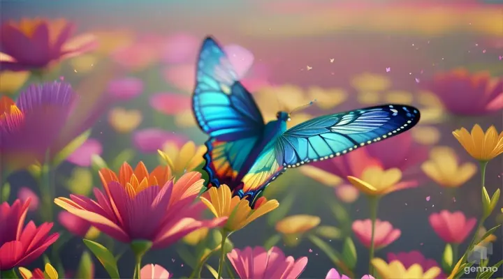 Paper butterfly soaring over a technicolor field of 3D paper flowers