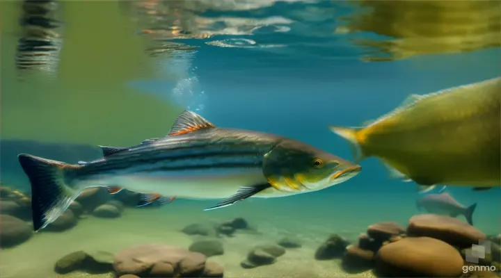 Salmon fish swiming & hunting in big lake active move 