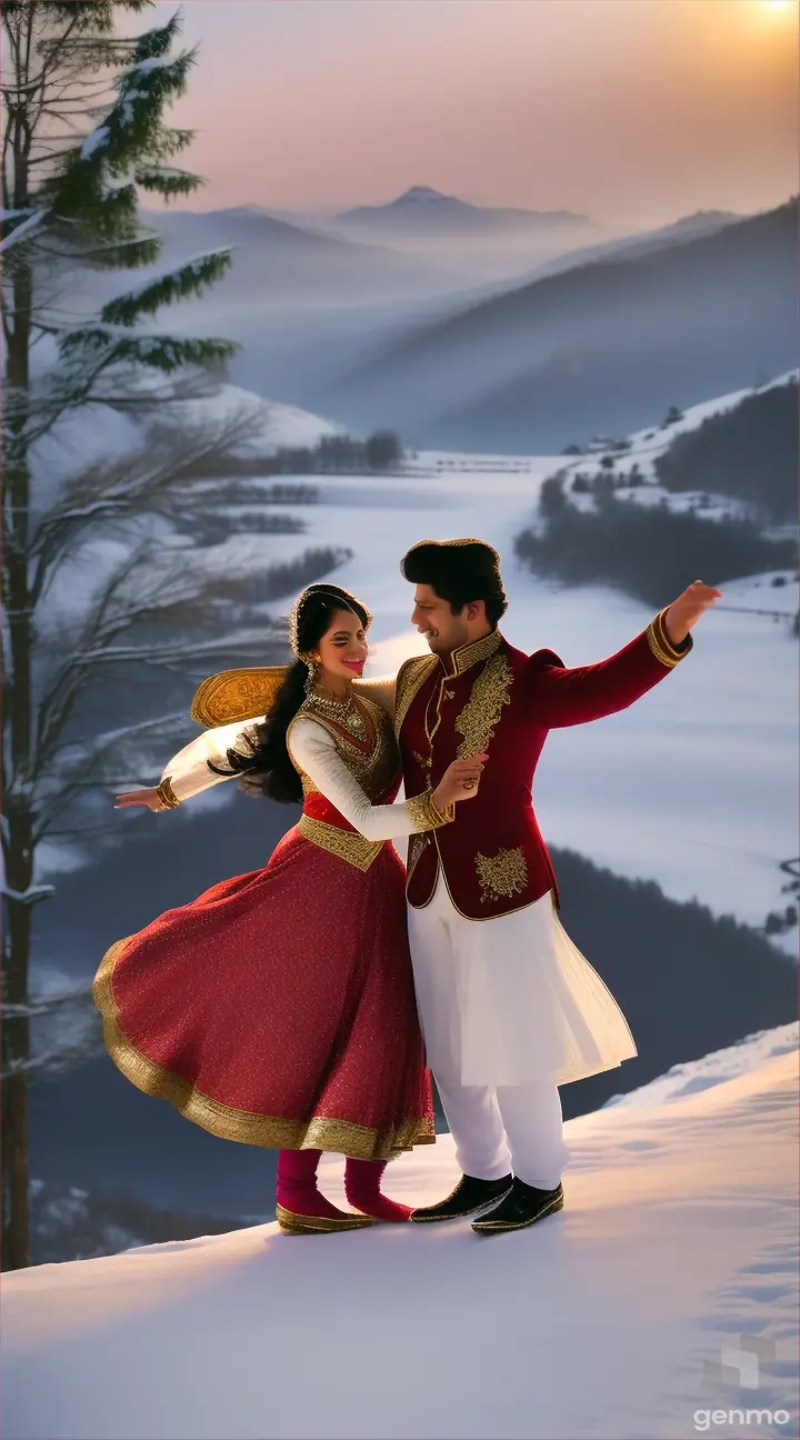 couple dancing in hilly region with bautiful location and having snowfall