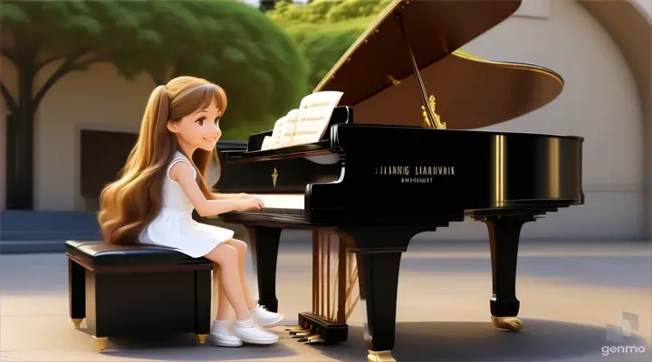 A young beautiful girl with long hair, full body,the girl smiles and plays the piano