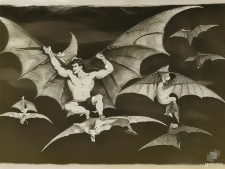 a black and white drawing of a man on a bat