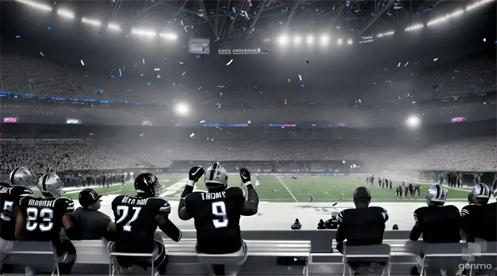 Nfl panther players sitting on bench while black and white confetti falls on them and raiders holding superbowl trophy 