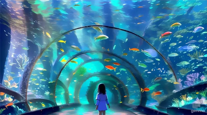 a girl standing in front of an underwater tunnel