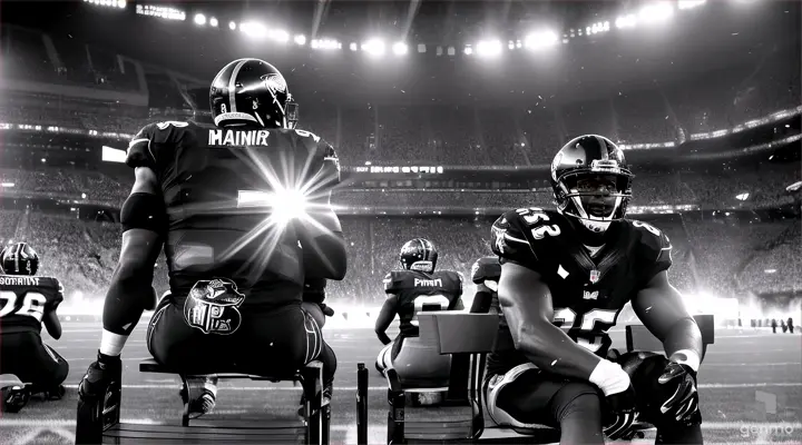 Nfl panther players sitting on bench while black and white confetti falls on them and raiders holding superbowl trophy 