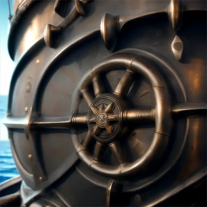 Cut to a close-up of a ship's helm, hand gripping it tightly, indicating anticipation and control.