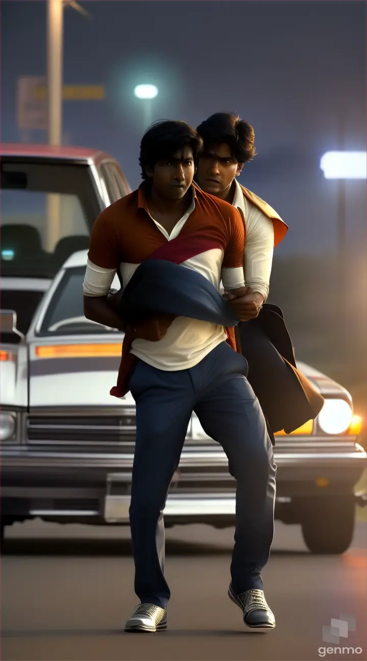 Scene 5:
Image Description: Suddenly, Raj feels unwell and collapses. Ashutosh rushes to help him, and Raj is carried to the car while Ashutosh sits in the backseat.