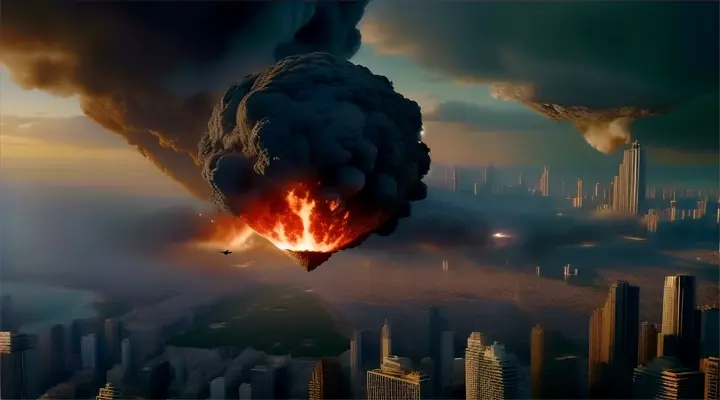 a suspenseful scene from a bird's eye view: a large, menacing asteroid plummets towards a bustling city, with towering skyscrapers and a vibrant skyline, as people below scramble in terror, unsure of their fate, advertising style