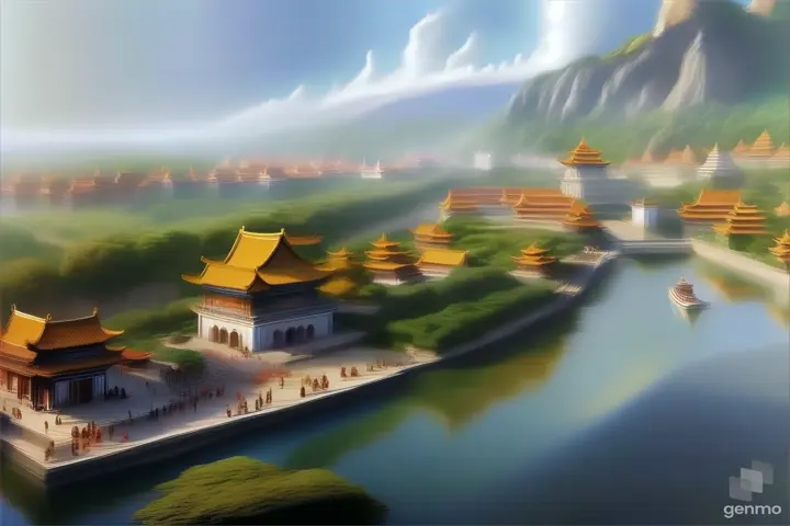 a digital painting of a chinese city by the water