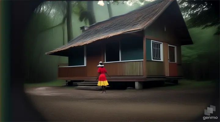 Caribbean woman throwing salt at her door, wooden house in forest, extreme wide shot