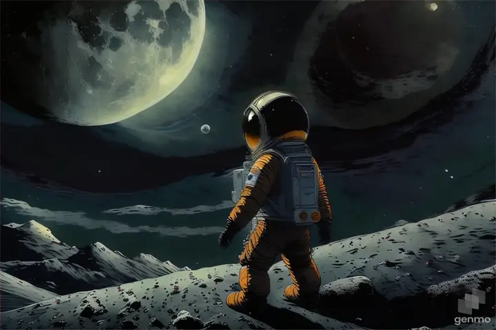 an astronaut walking on the moon with a full moon in the background