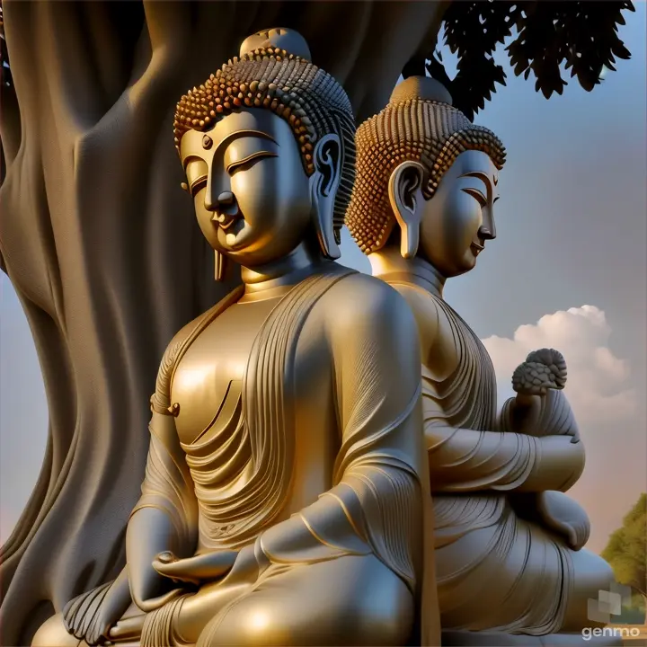 a buddha statue sitting next to a tree