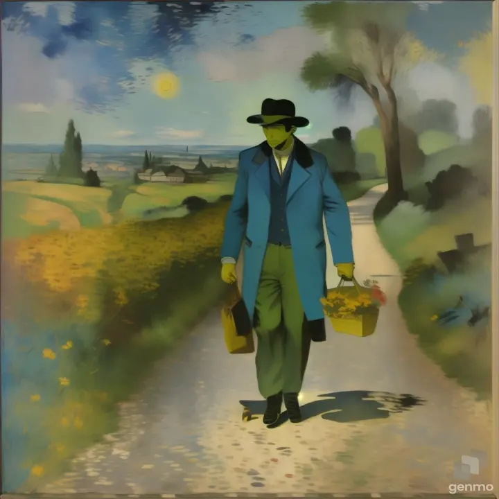 a painting of a man walking down a path