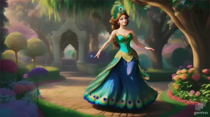 Cartoon very beautiful 20 years old pecok princess dancing in garden 