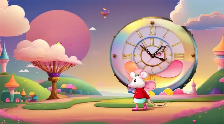 A cute cartoon mouse and a giant cartoon clock in a field of Gumdrop Mountains, with candy-colored skies