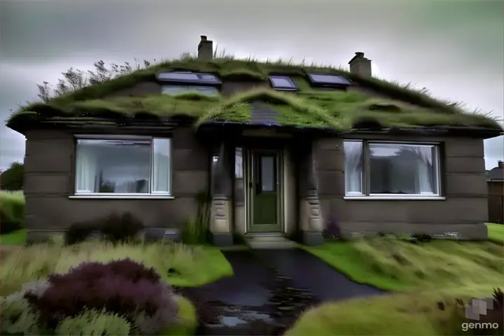 a house with a green roof and grass on top of it