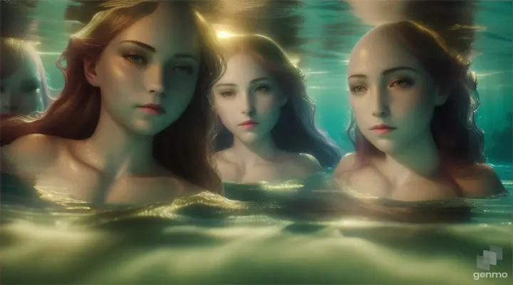 “In the dim light of dawn, five of the Bald-Headed mermaid's sisters emerge from the water., Hyperreal, Photorealistic, Hyper detailed, cinematic, 16:9,Ultra 8K,Hyper detailed, Hyperreal, Hyper realistic, ar 16:9”