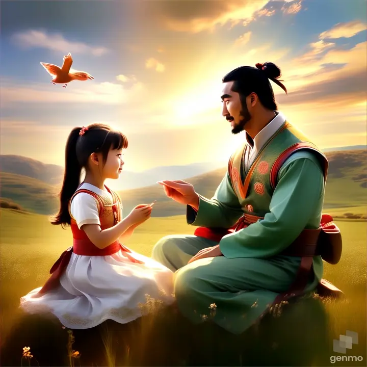 a man sitting next to a little girl in a field
