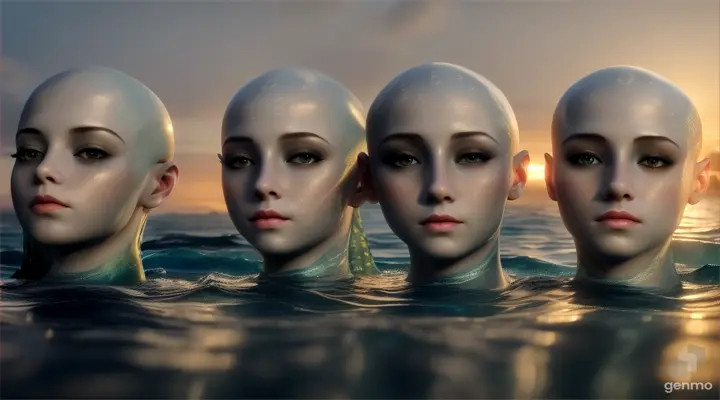 “In the dim light of dawn, five of the Bald-Headed mermaid's sisters emerge from the water., all of them are Bald-Headed, Hyperreal, Photorealistic, Hyper detailed, cinematic, 16:9,Ultra 8K,Hyper detailed, Hyperreal, Hyper realistic, ar 16:9”