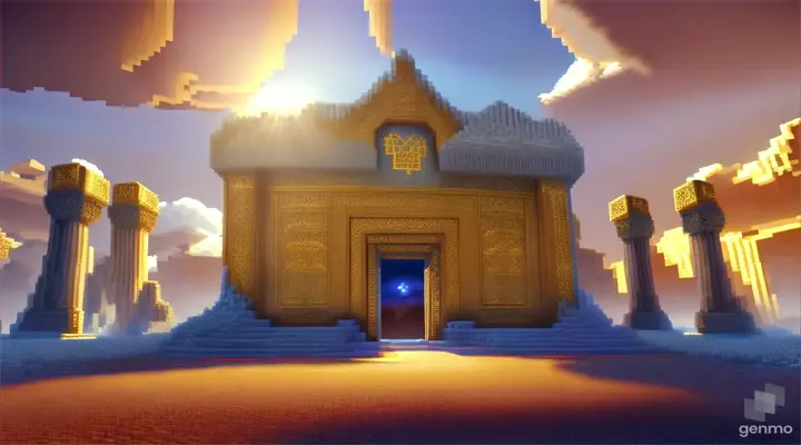 Nether portal, clouds heaven, heaven gates, pillars, gold, silver armor, family crest, ice, arabic pixel voxel
